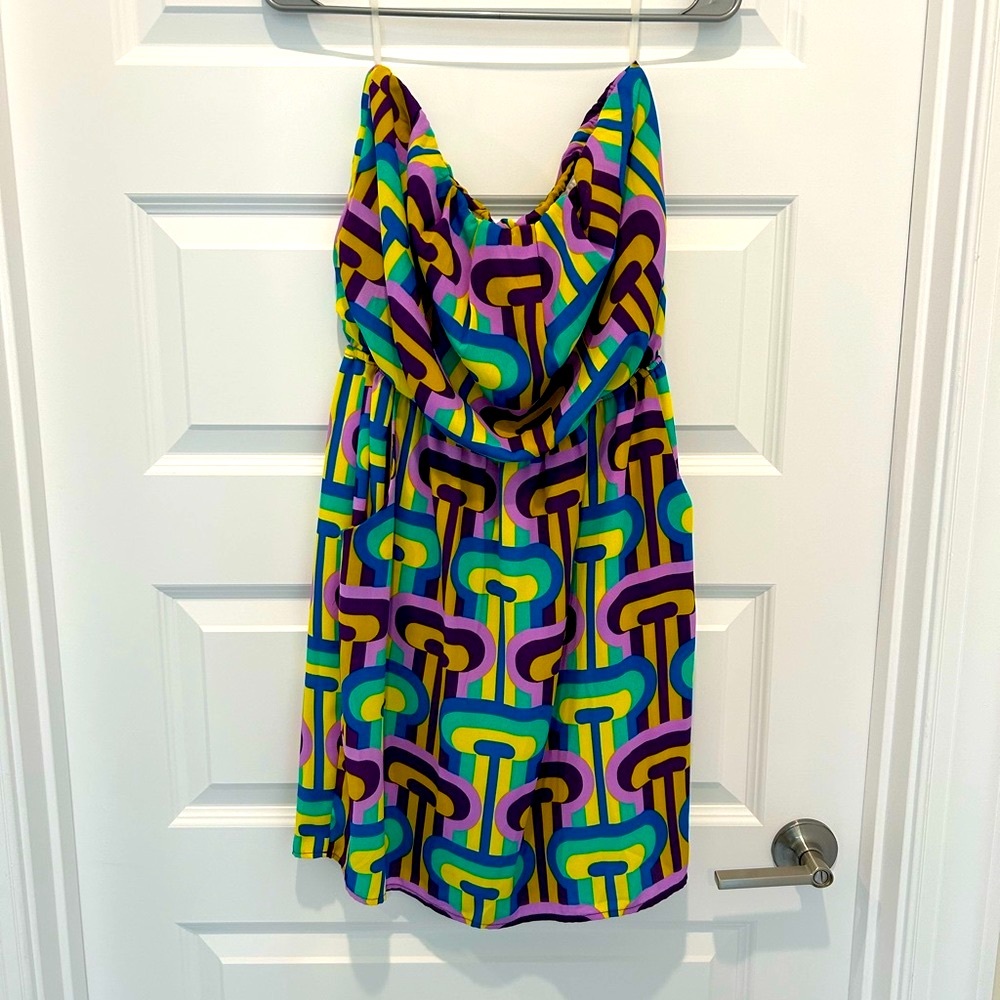 Psychedelic Strapless Mini Dress Yellow Purple  Size S / M